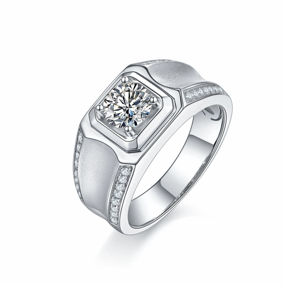 Wearable Art Personal Accessory 1 Carat Moissanite Mens Engagement Ring Band in Sterling Silver