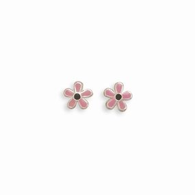 Bold Detail Pink and Black Sterling Silver Daisy Flower Earrings 6mm Diameter