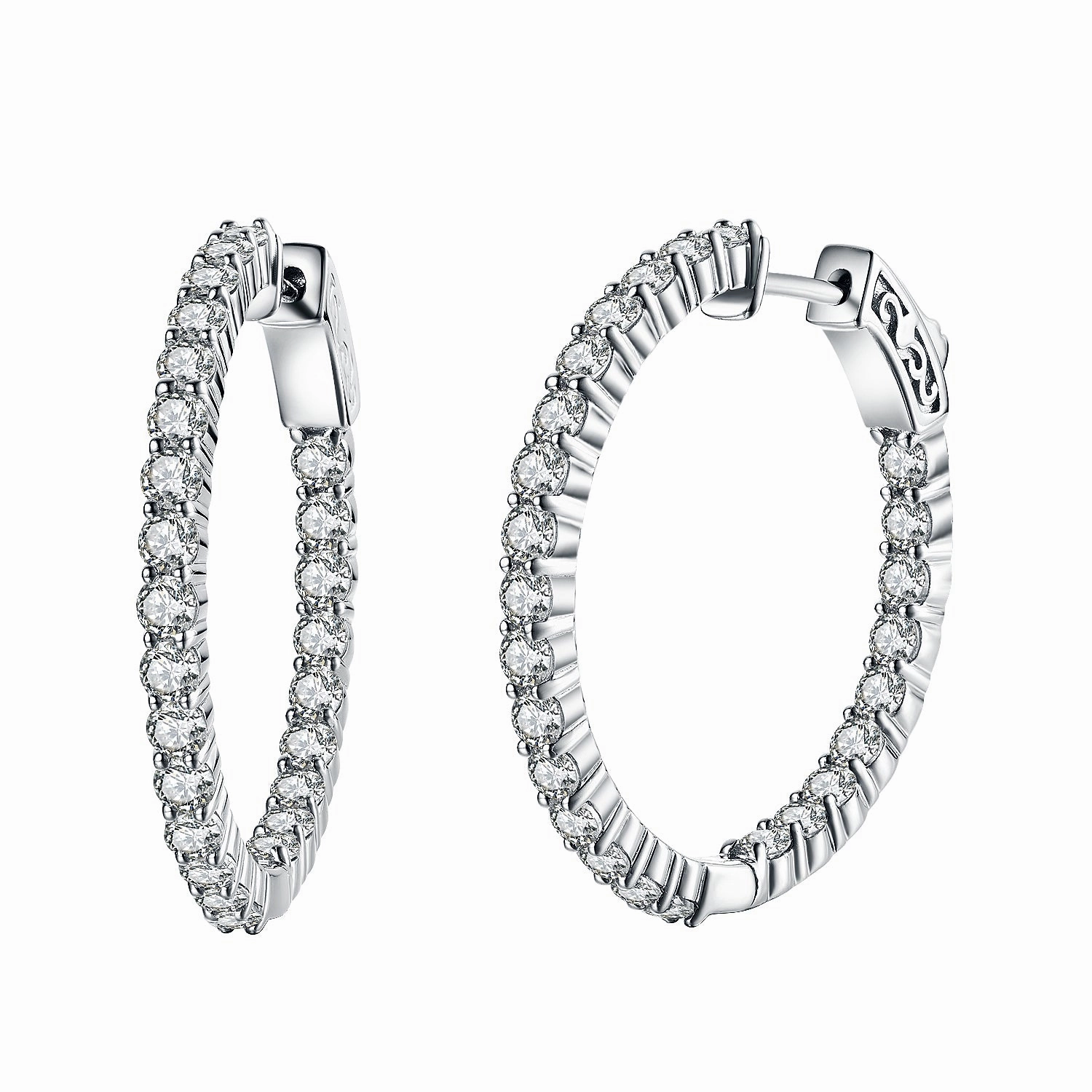 Sterling Silver 30mm Round CZ Hoop Earrings with 2.5mm CZs Gleaming Highlight Glitter Detail