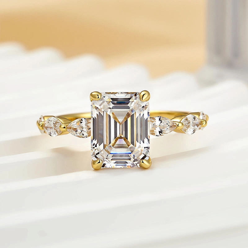 Louily Yellow Gold Emerald Cut Engagement Ring For Women Wedding Style Monochrome Mood