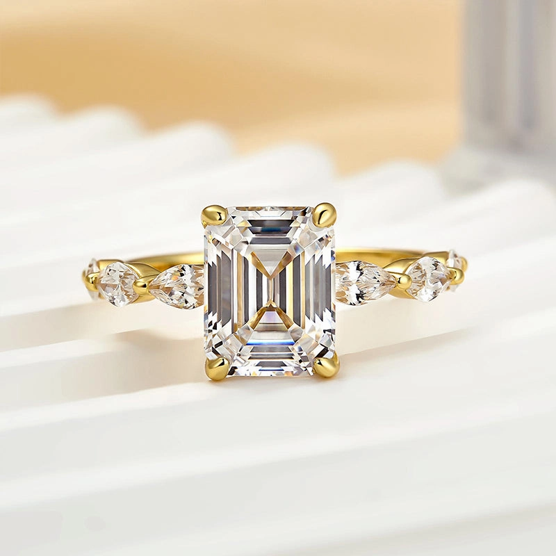 Louily Yellow Gold Emerald Cut Engagement Ring For Women Versatile Look Unique Radiance