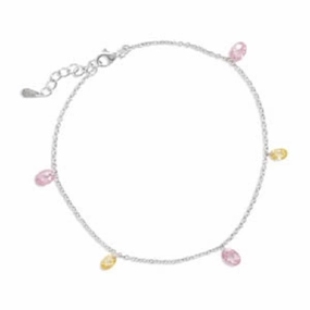 Anklet with Pink and Yellow Cubic Zirconia Nontarnish Sterling Silver Luxurious Style