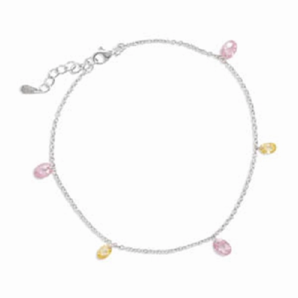 Anklet with Pink and Yellow Cubic Zirconia Nontarnish Sterling Silver Luxurious Style