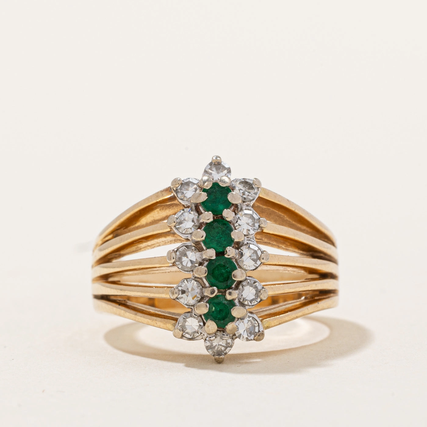 Diamond & Emerald Column Ring | 0.23ctw, 0.15ctw | SZ 4.75 | Flat Lay Dazzling Craft