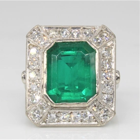 Art Deco Synthetic Emerald & Diamond Cocktail Ring | 4.00ct, 0.78ctw | SZ 4.5 | Everyday Highlight Modern Mood