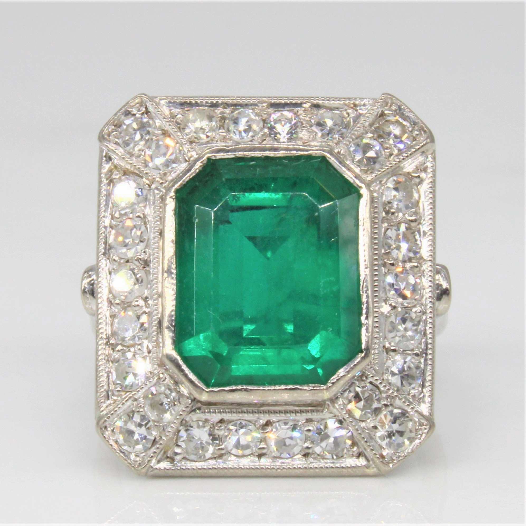 Art Deco Synthetic Emerald & Diamond Cocktail Ring | 4.00ct, 0.78ctw | SZ 4.5 | Everyday Highlight Modern Mood