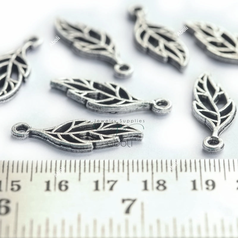 Silver leaf charm antique oxidized silver leaf charms CHMS168 2 charms Polished Design