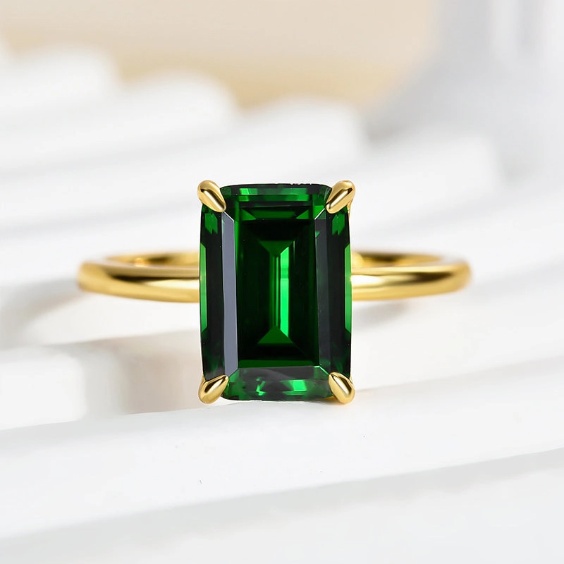 Louily Classic Yellow Gold Emerald Cut Engagement Ring In Sterling Silver Accent Style Polished Detail
