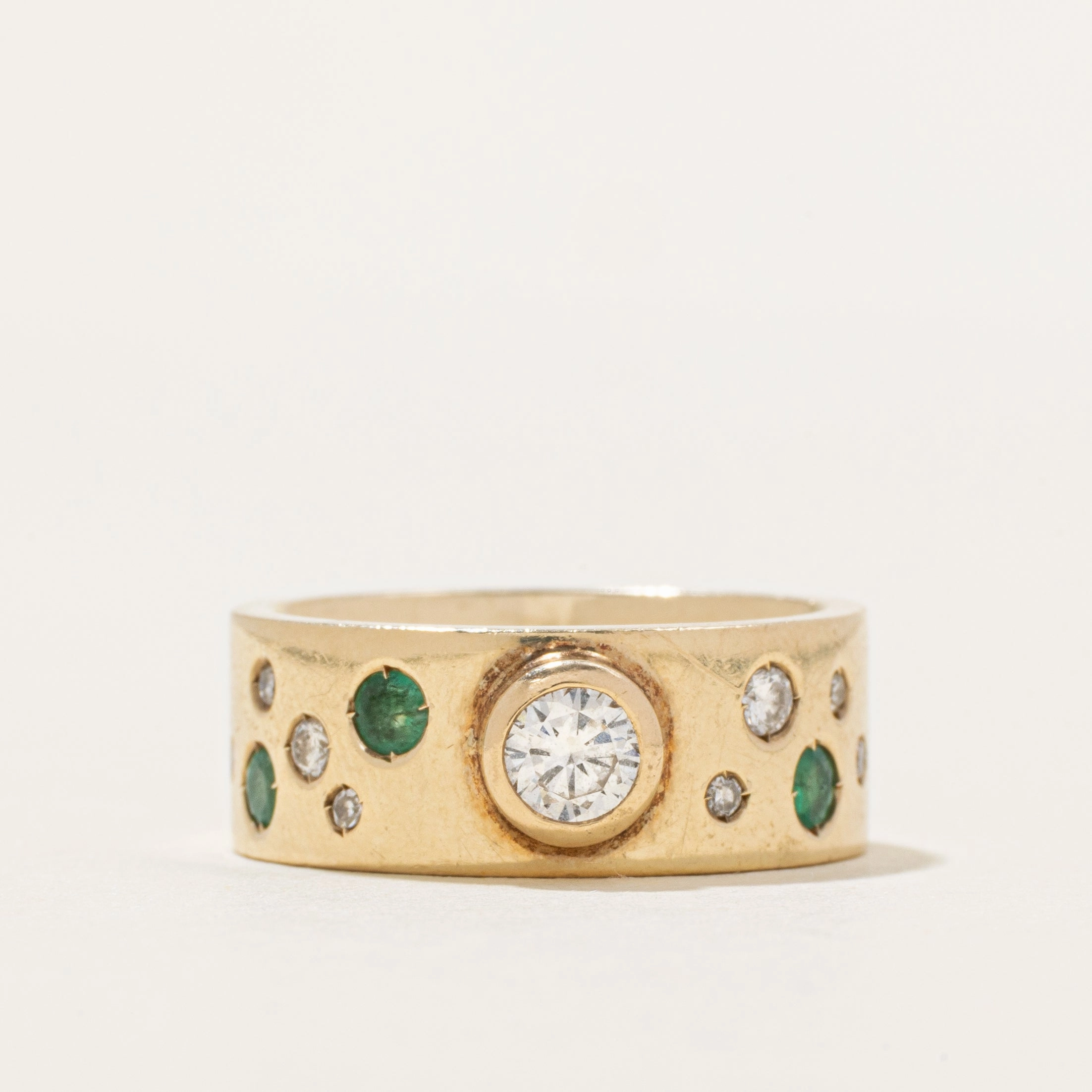 Fresh Edge Holiday look Bezel Set Diamond & Emerald Band | 0.47ctw, 0.12ctw | 7.5mm | SZ 5.75