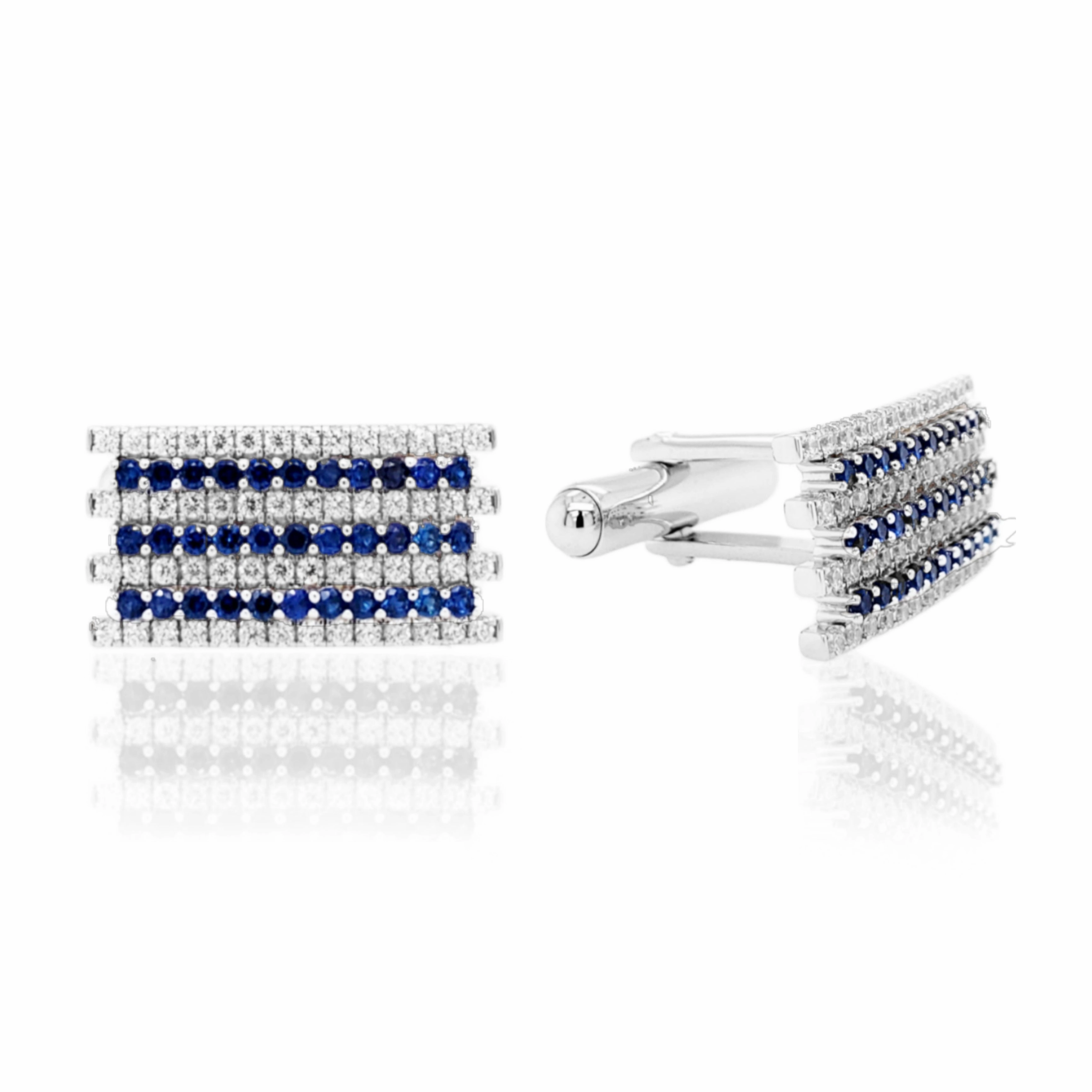 Lush Touch Rectangular Clear and Three Row Sapphire CZ Striped Cufflinks