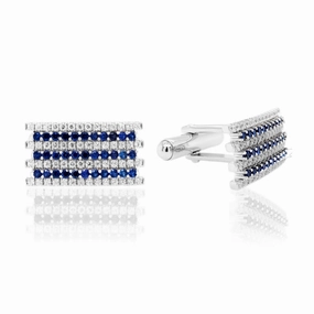 Lush Touch Rectangular Clear and Three Row Sapphire CZ Striped Cufflinks