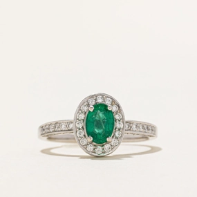 Oval Cut Emerald & Diamond Halo Ring | 0.57ct, 0.45ctw | SZ 8 Wedding Ready