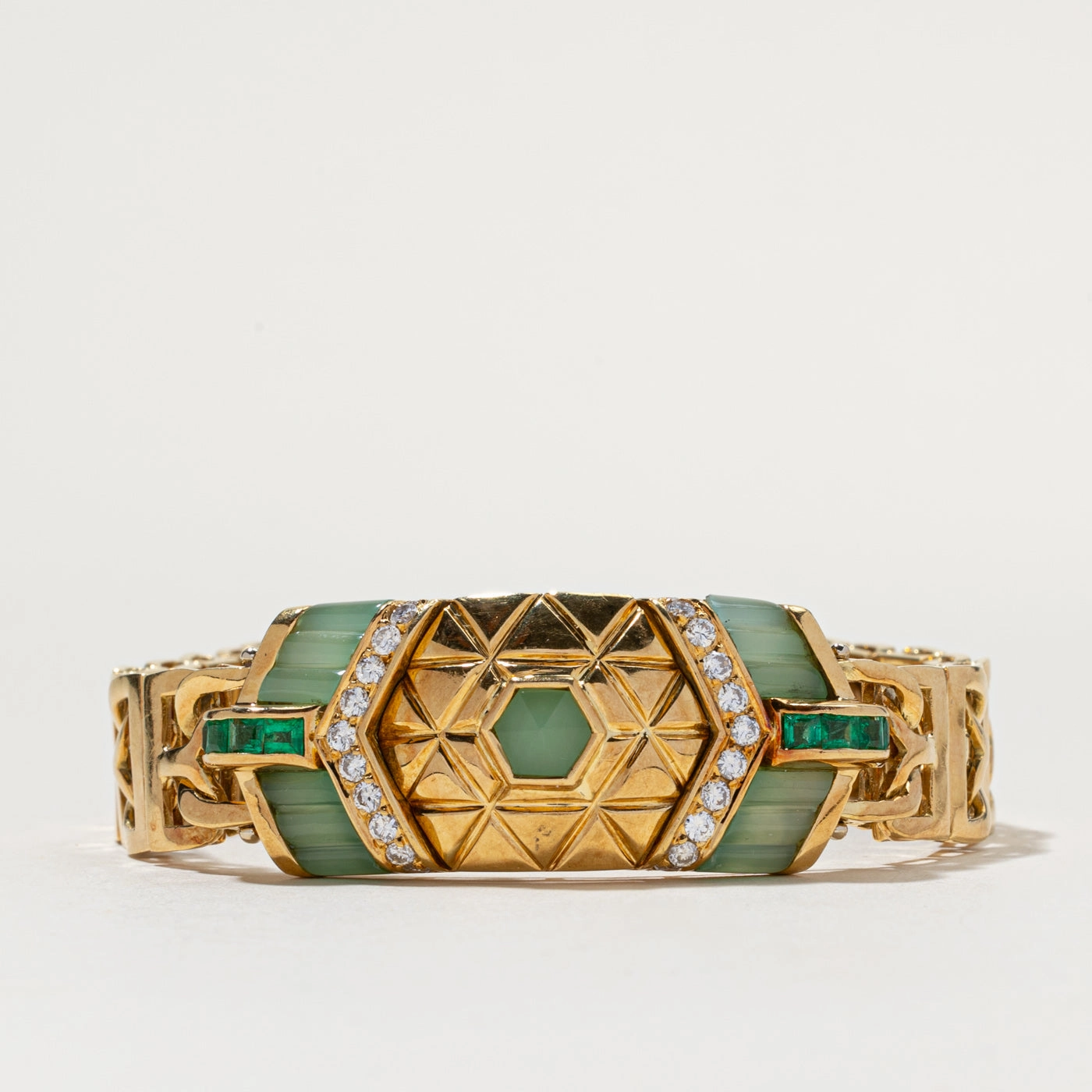 Luxury Spark Italian 18k Chrysoprase, Emerald & Diamond Strap Bracelet | 8.50ctw, 0.77ctw | 7.5"