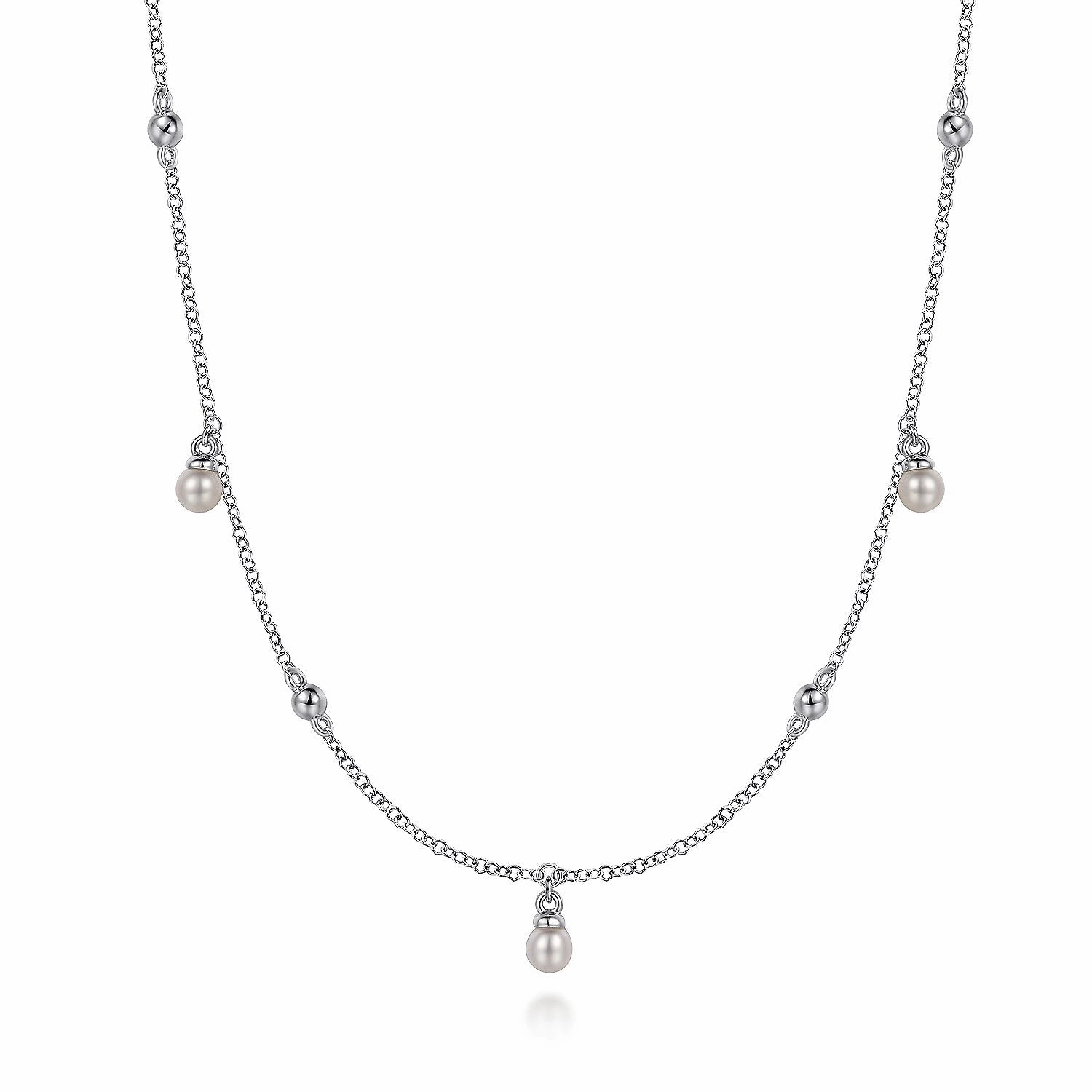 Branded Embellishment Sterling Silver Pearl Drop Station Necklace on 17.5" Adjustable Chain