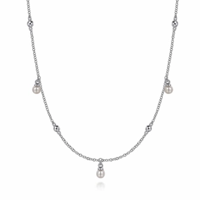 Branded Embellishment Sterling Silver Pearl Drop Station Necklace on 17.5" Adjustable Chain