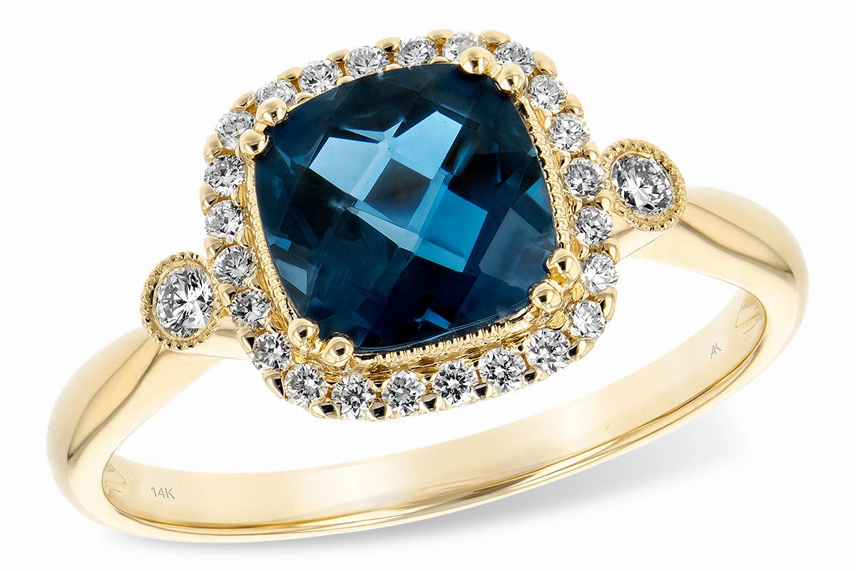 High-Quality Look 14K Yellow Gold Cushion Cut London Blue Topaz and Diamond Halo Ring