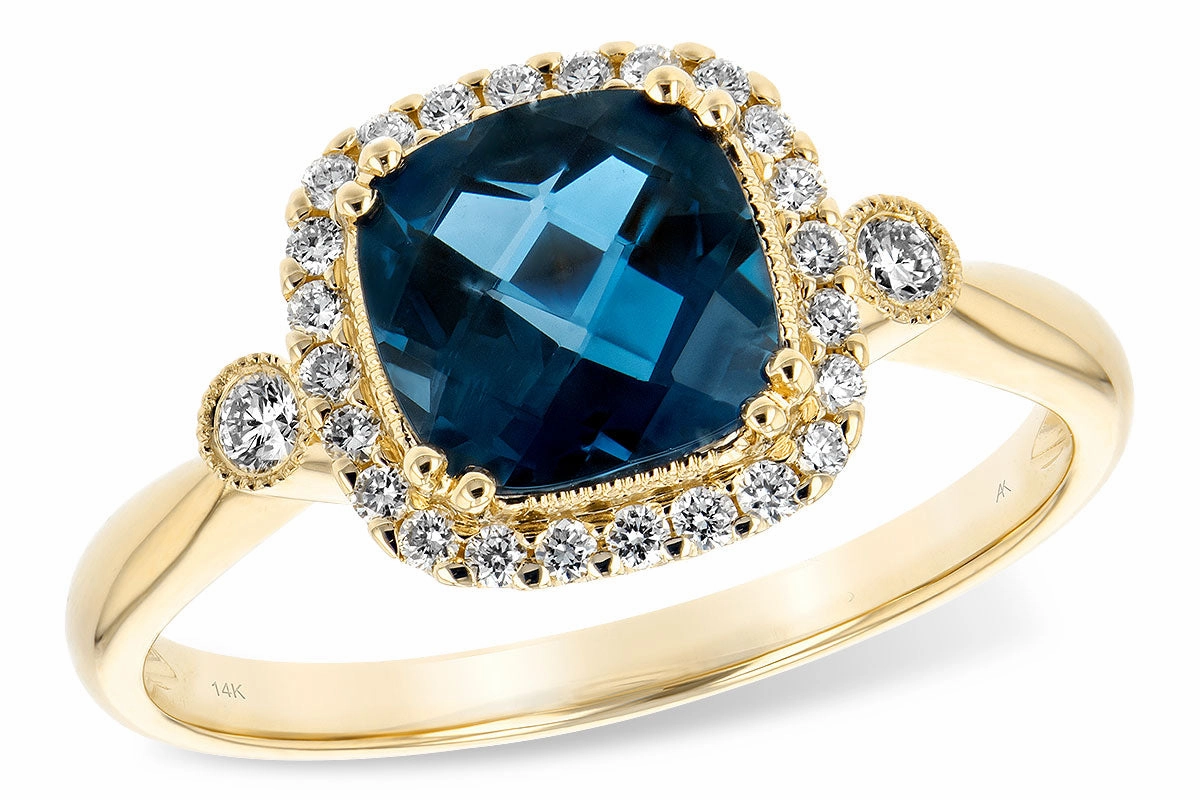 14K Yellow Gold Cushion Cut London Blue Topaz and Diamond Halo Ring Sturdy Statement Exquisite Object