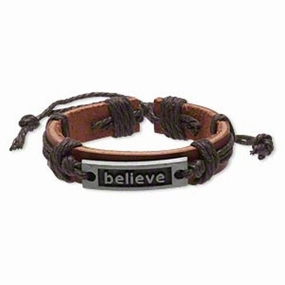 Timeless Gifts AzureBella Jewelry Believe Bracelet Brown Leather with Metal Engraved Plate - Adjustable Length