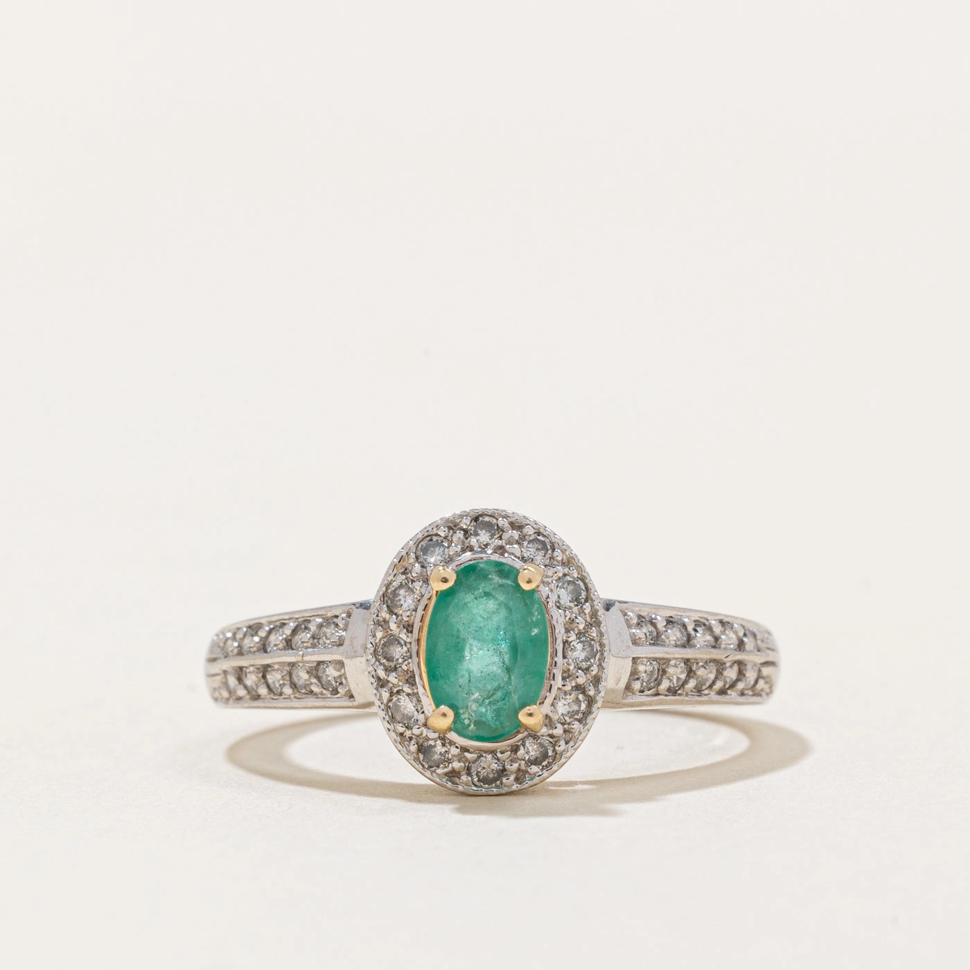 Emerald & Diamond Halo Ring | 0.36ct, 0.20ctw | SZ 5.75 | Sculpted Design