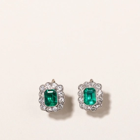 Platinum Synthetic Emerald and Diamond Earrings | 3.28ctw, 1.33ctw | 1.2x1.3cm Sophisticated Spark Sparkling Shine
