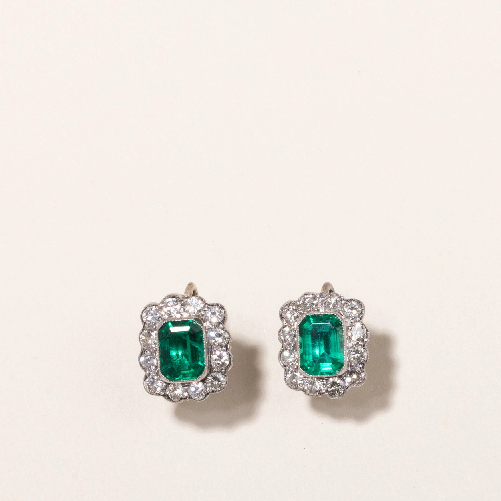 Platinum Synthetic Emerald and Diamond Earrings | 3.28ctw, 1.33ctw | 1.2x1.3cm Sophisticated Spark Sparkling Shine