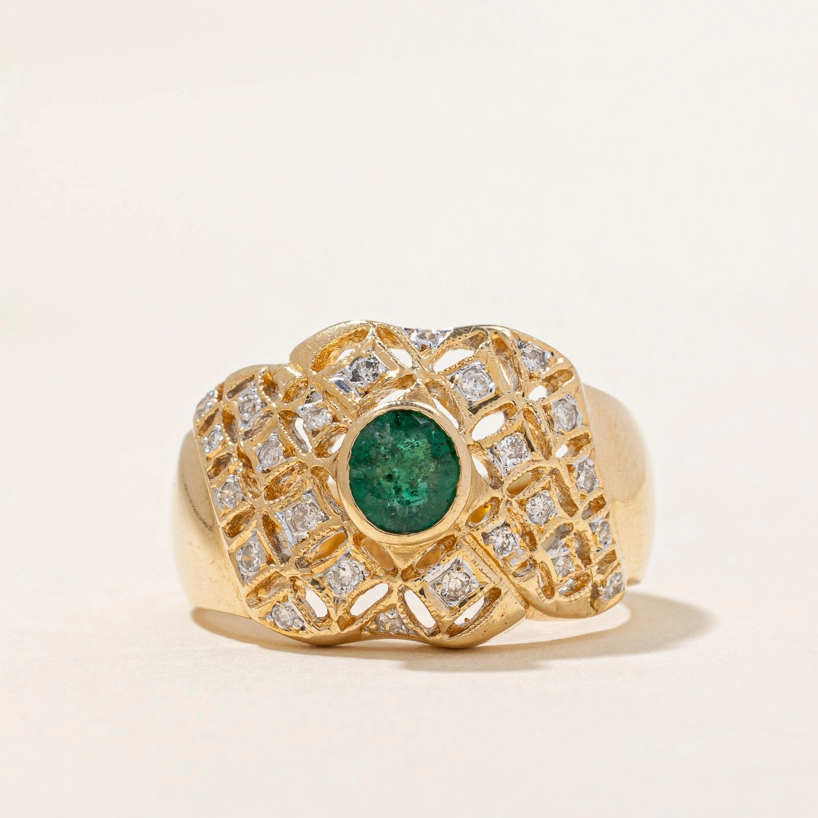 Bezel Set Emerald & Diamond Cocktail Ring | 0.20ctw, 0.39ct | SZ 6.75 | Romantic Layer