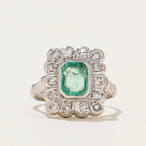 Bezel Set Emerald & Diamond Halo Ring | 1.00ct, 0.20ctw | SZ 6.25 Charming Stones