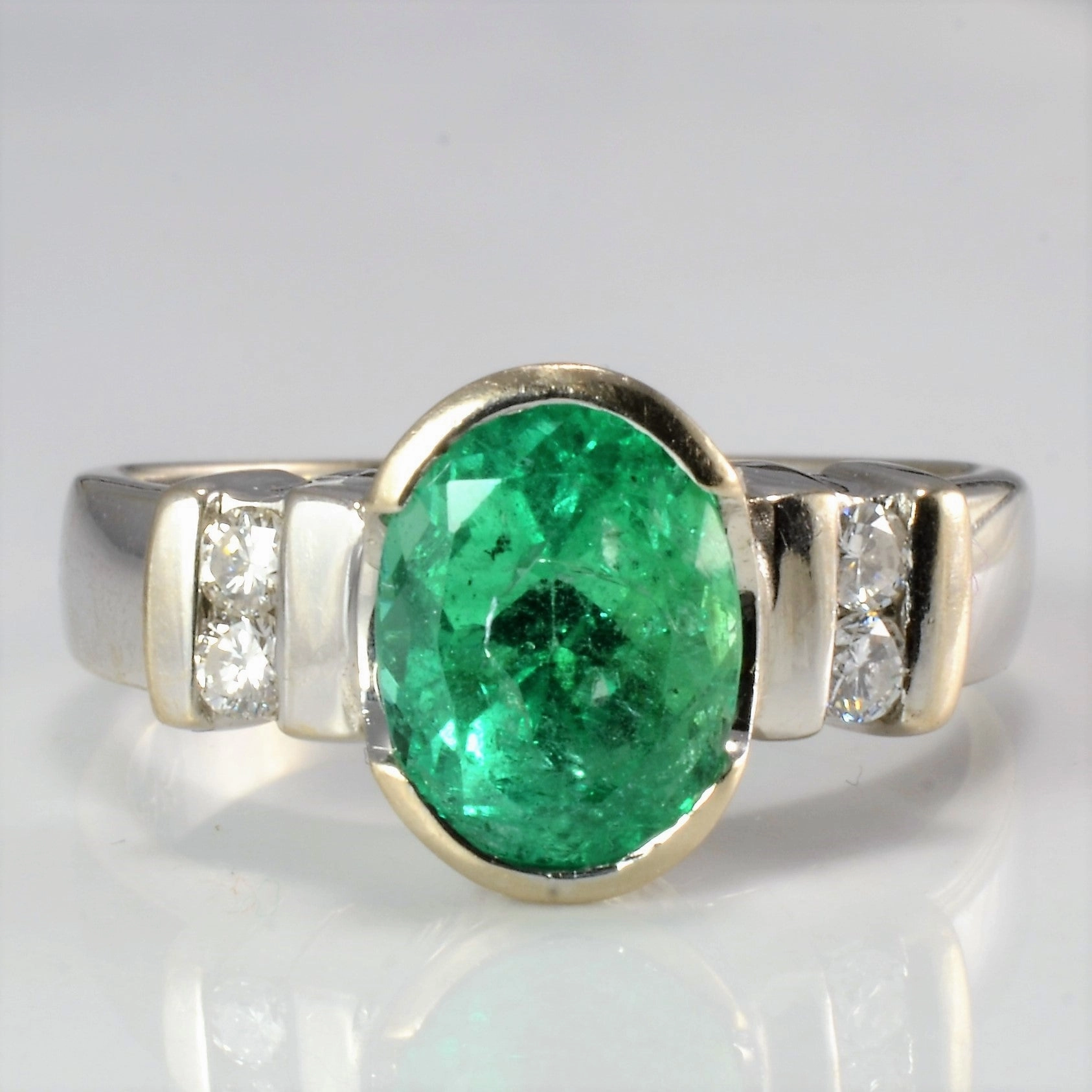 Bezel Set Emerald & Diamond Ring | 0.12ctw, 2.00ct | SZ 8.25 | Daily Wear