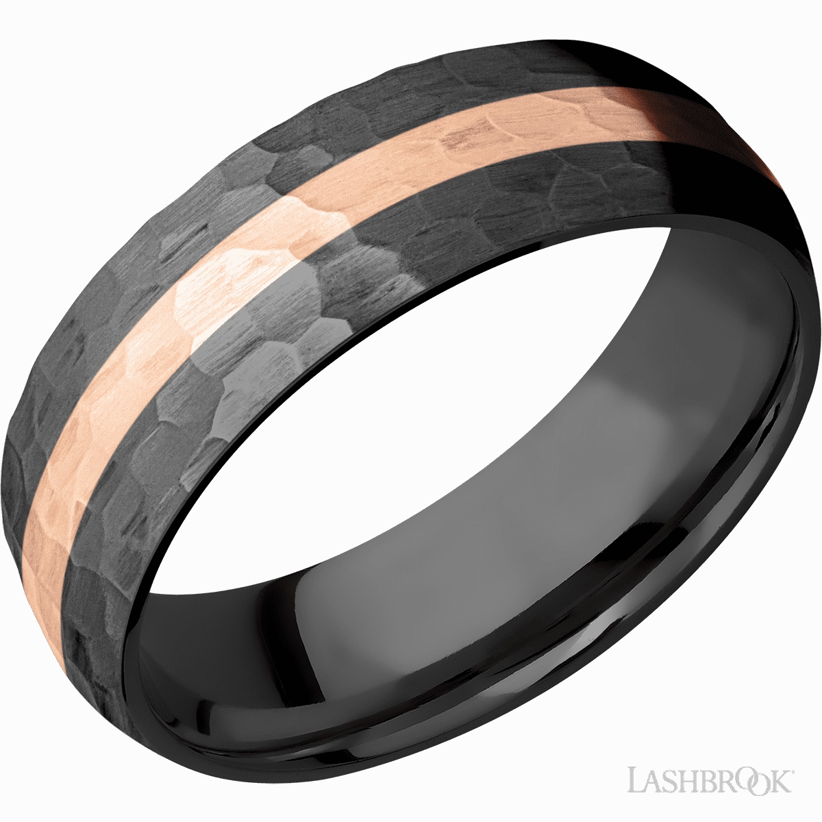 Sturdy Construction Simple Choice Black Zirconium Hammered Band 14K Rose Gold Inlay 7mm
