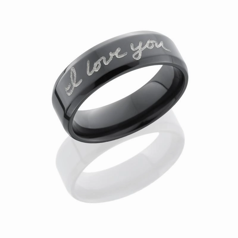 Black Zirconium Ring With Custom Handwriting Engraving 7mm Minimalist Art Refined Texture