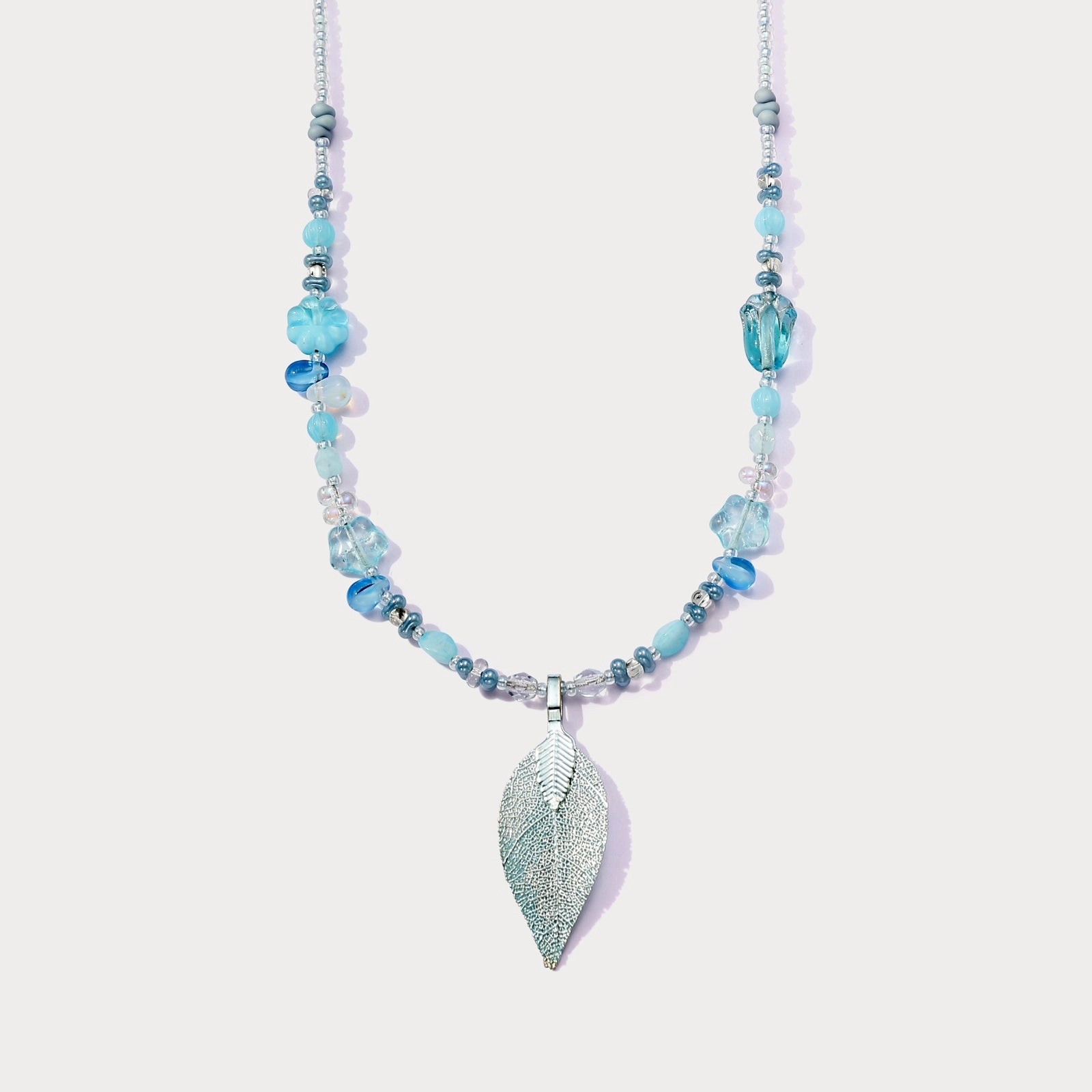 Blue Leaf Bead Necklace Neutral Tone Vacation Mood