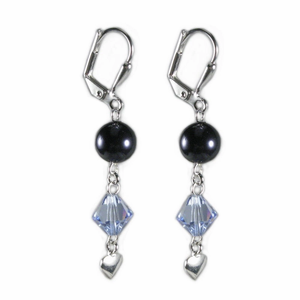 Blue Swarovski(R) Crystals and Imitation Pearl Earrings Lever Backs Heart Charm Luxury Feel