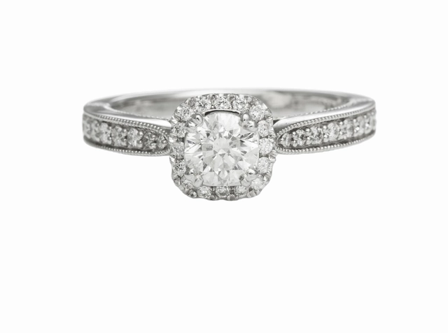 Luxury Embellishment Balanced Contour 14 Karat White Gold Milgrain Halo Engagement Ring (0.77cttw)