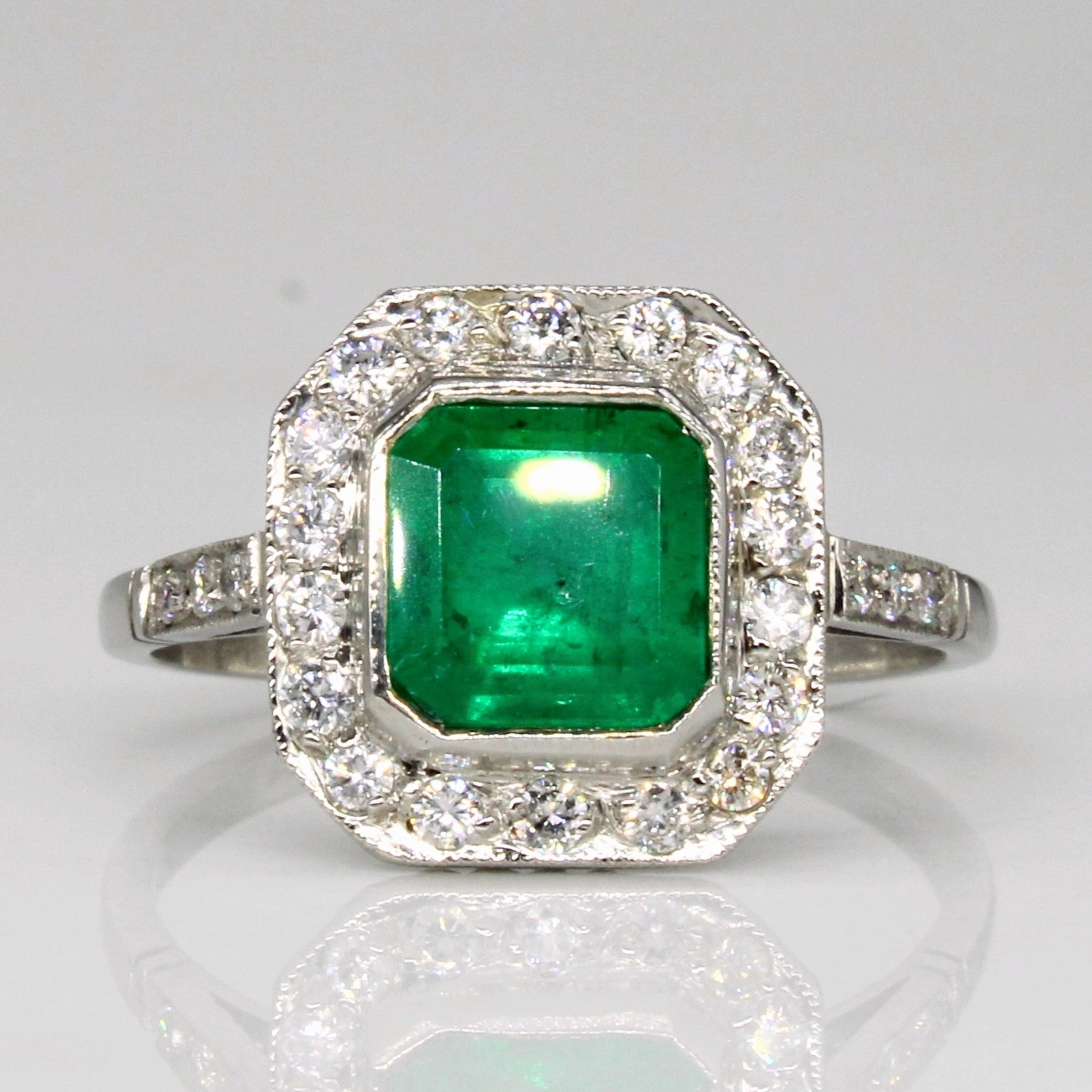 Vintage Platinum Emerald & Diamond Halo Ring | 1.30ct, 0.28ctw | SZ 6.25 | Outdoor Event Formal Accessory