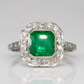 Vintage Platinum Emerald & Diamond Halo Ring | 1.30ct, 0.28ctw | SZ 6.25 | Outdoor Event Formal Accessory