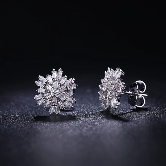 Sparkling Style Sterling Silver Baguette Flower Stud Earrings