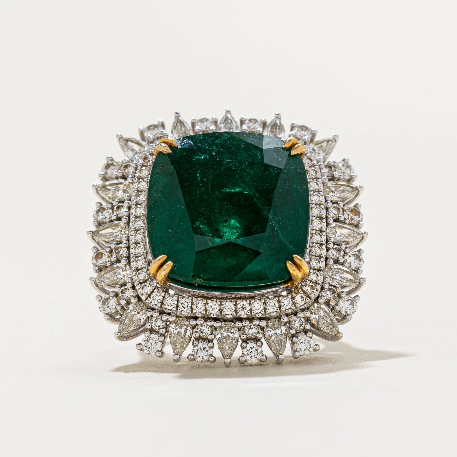 17ct  Natural Emerald & 1.87ctw Diamond Cocktail Ring | 17.37ct, 1.87ctw | SZ 7.25 Timeless Wardrobe Elegant Contour