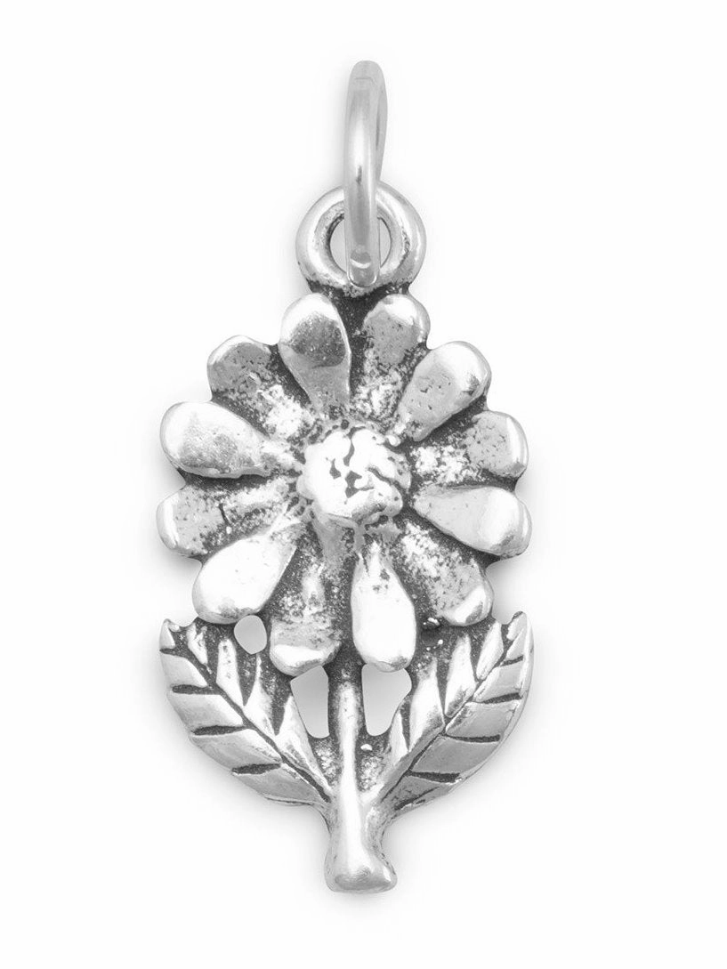 Flower with Stem and Leaves Charm Sterling Silver - Made in the USA Modern Style