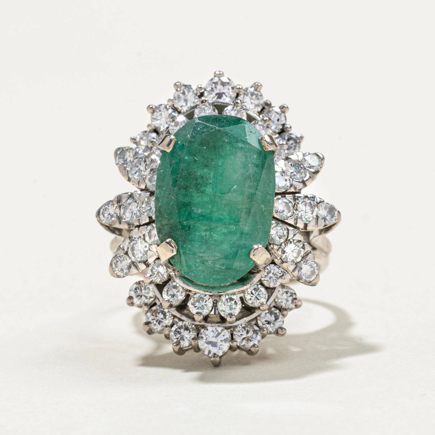 Oval Cut Emerald & Diamond Cocktail Ring | 7.24ct, 1.66ctw | SZ 7.25 Refined Quality Graceful Twist