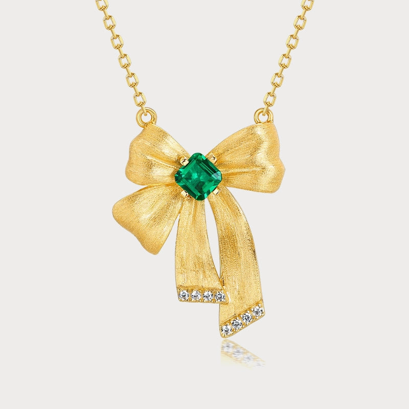 Sculpted Finish Emerald Bow Necklace