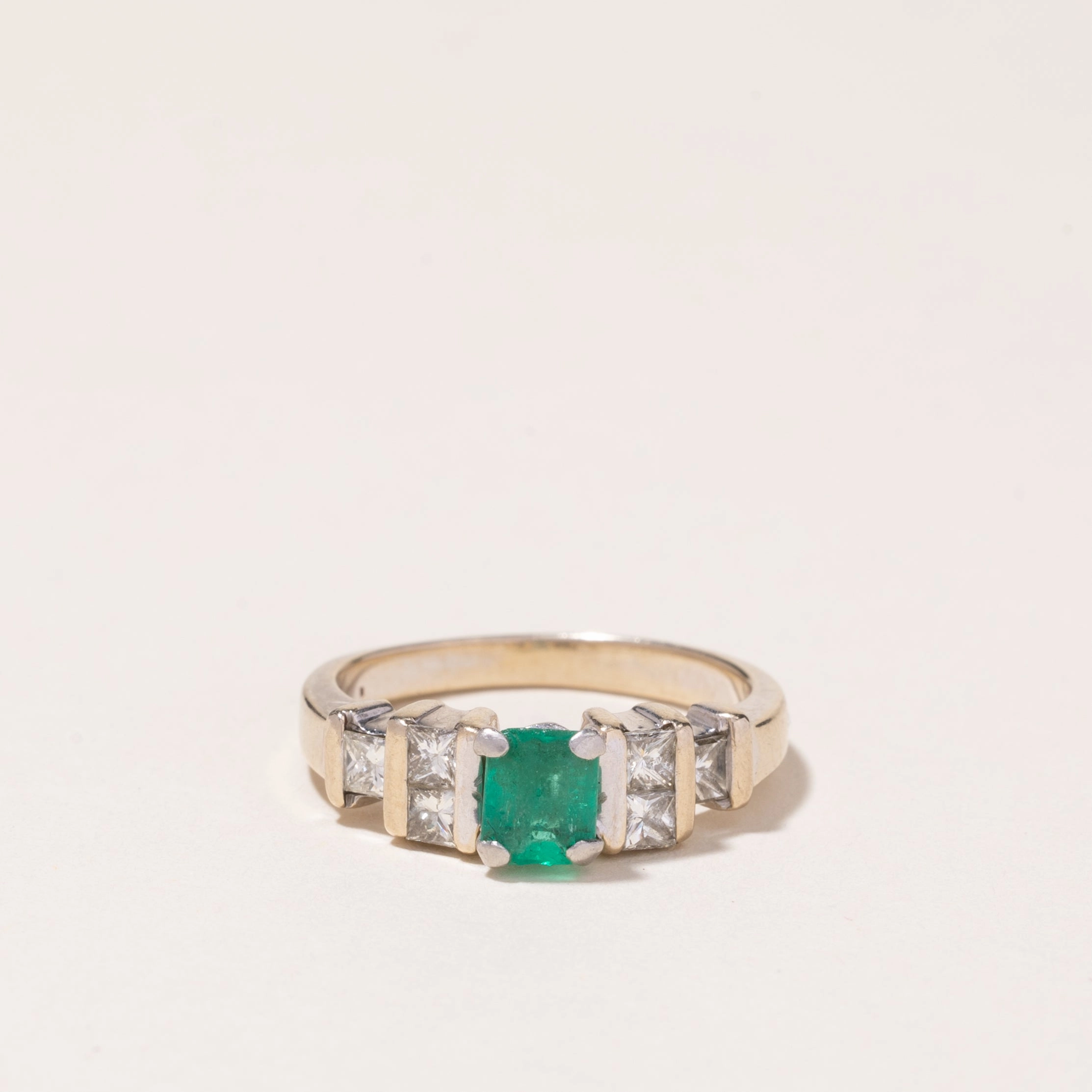 Platinum & 18k White Gold Emerald and Diamond Ring | 0.55ct, 0.54ctw | SZ 7.5 Elegant Pieces Street Accent