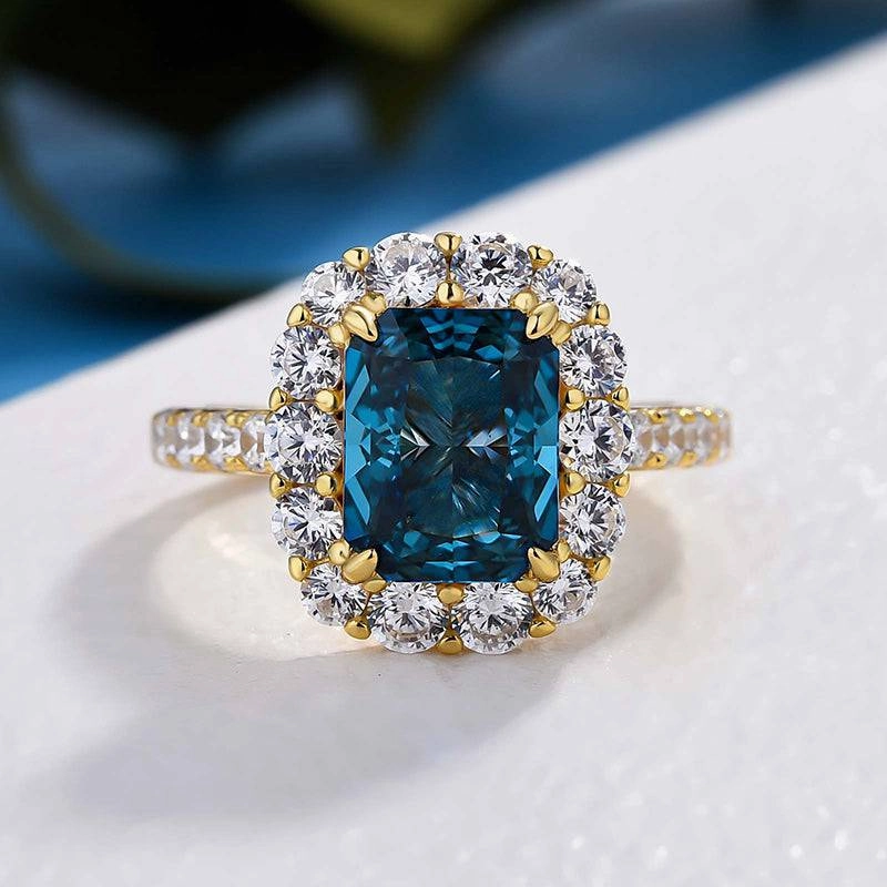 Louily Gorgeous Yellow Gold Halo Radiant Cut Montana Blue Sapphire Engagement Ring In Sterling Silver Travel Mood Bold Style