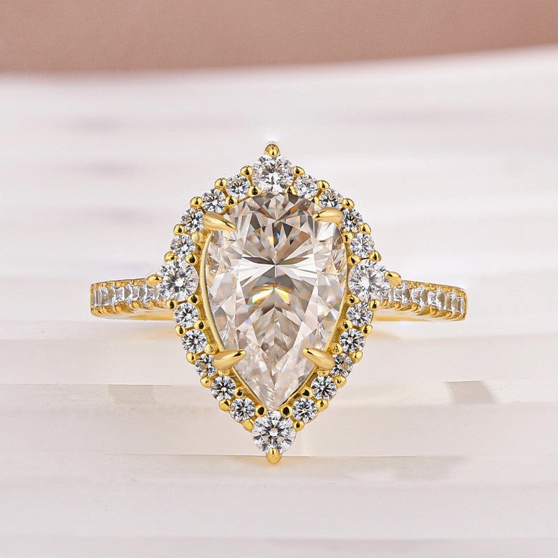 Moissanite 2.5 Ct Halo Pear Cut Yellow Gold Travel Ring Bold Touch Sleek Detailing