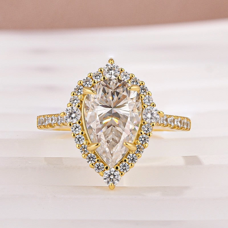 Moissanite 2.5 Ct Halo Pear Cut Yellow Gold Travel Ring Luxury Spark Elegant Gift