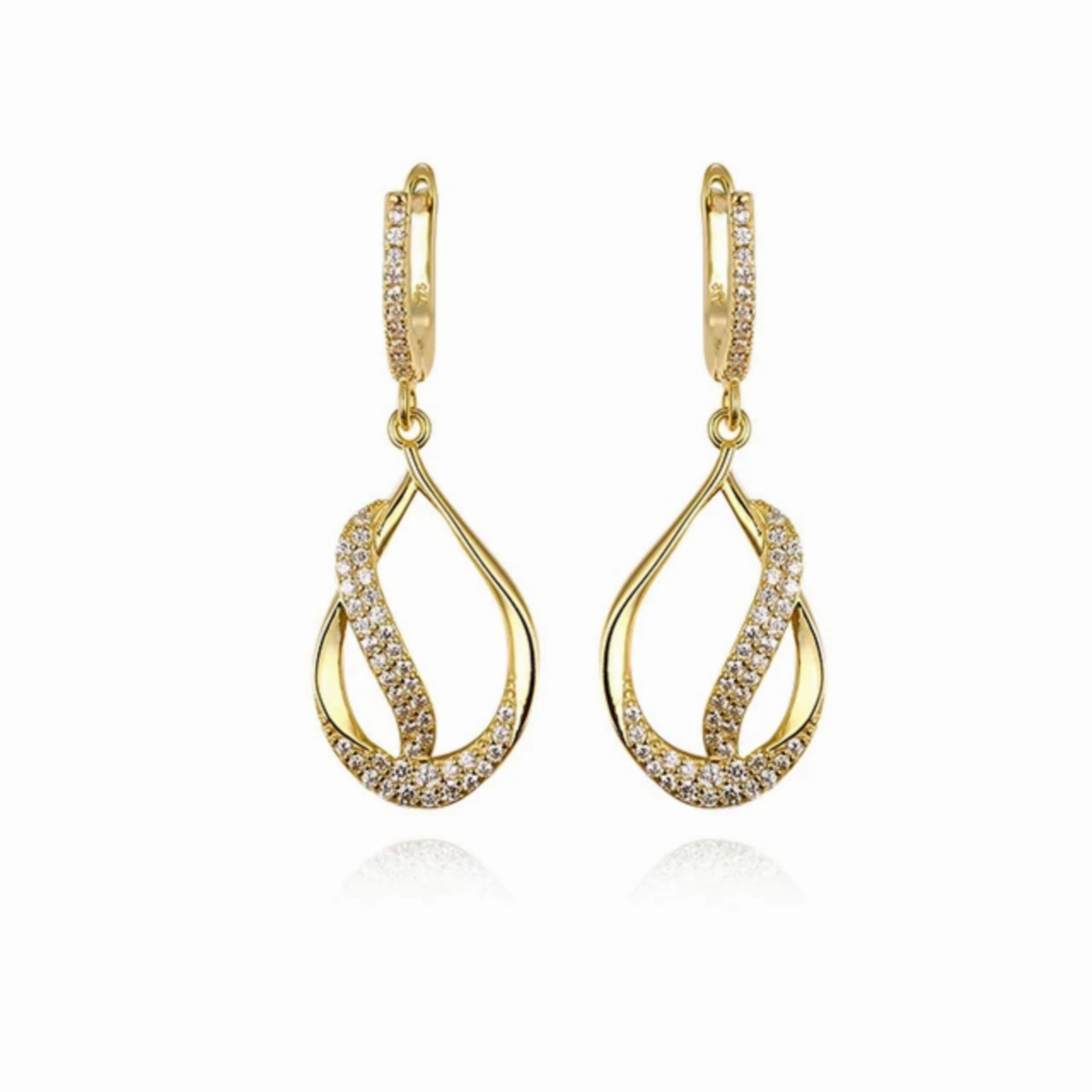 Sterling Silver Teardrop With CZ Diagonal Line Earring Chic Flash Shimmering Detail