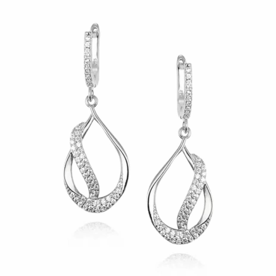 Sterling Silver Teardrop With CZ Diagonal Line Earring Feminine Finish Bridal Vibe
