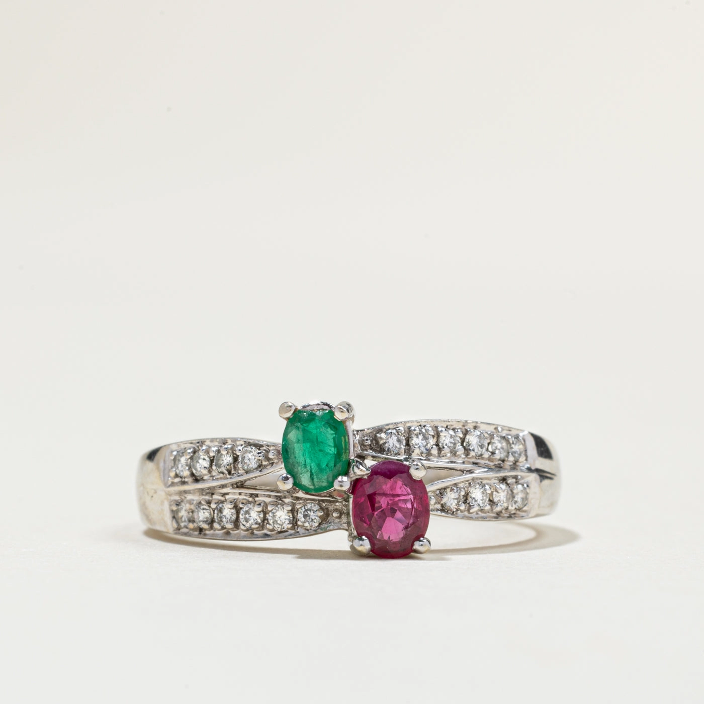 Toi et Moi Emerald, Ruby & Diamond Ring | 0.24ct, 0.10ct, 0.18ctw | SZ 7.5 Bright Glow Refined Lines