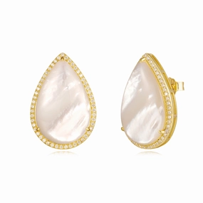 Sterling Silver Gold Plated Mother of Pearl Teardrop Stud Earrings Simple Form Stylish Edge
