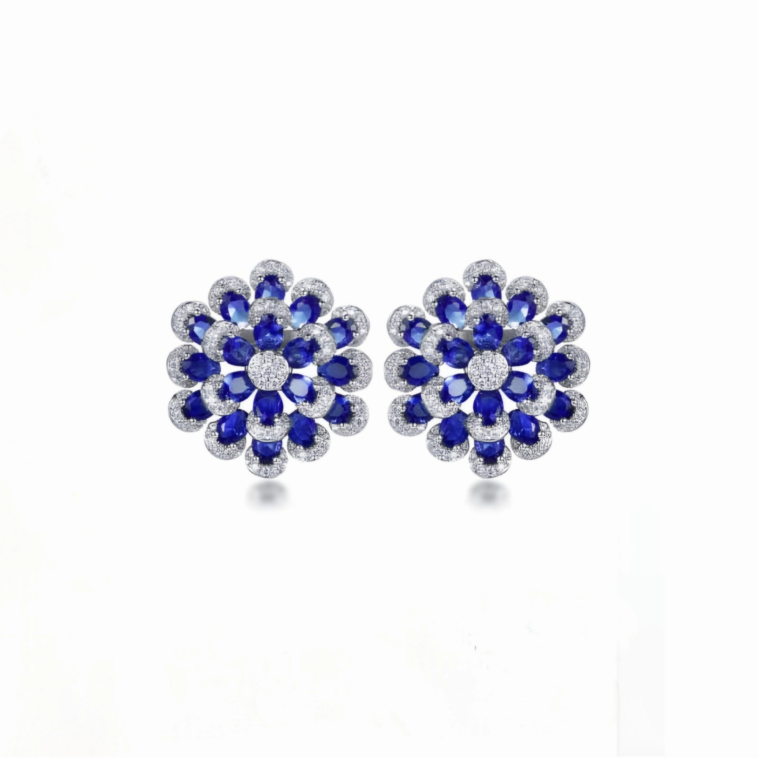 Gift For Him Rhodium Plated Sterling Silver Colorful Multi-Petal Flower and Micropave Stud Earrings