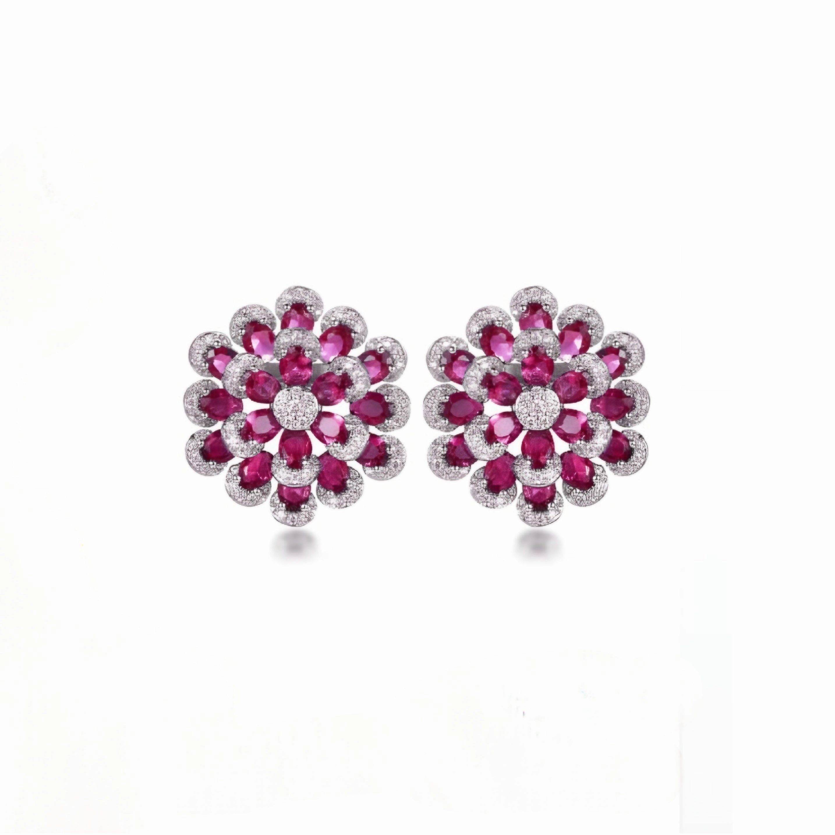 Rhodium Plated Sterling Silver Colorful Multi-Petal Flower and Micropave Stud Earrings Elite Highlight